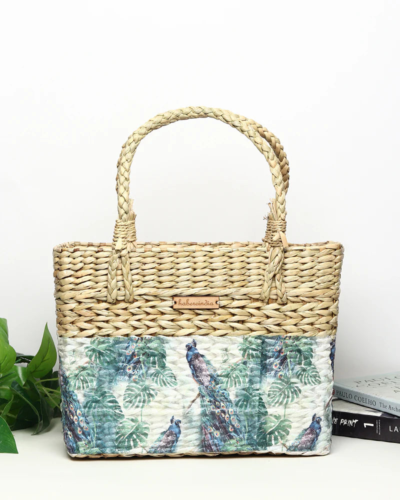 Handcrafted Seagrass Tote Bag & Marketing Basket - Peacock