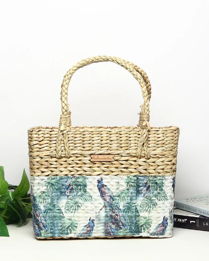 Handcrafted Seagrass Tote Bag & Marketing Basket - Peacock