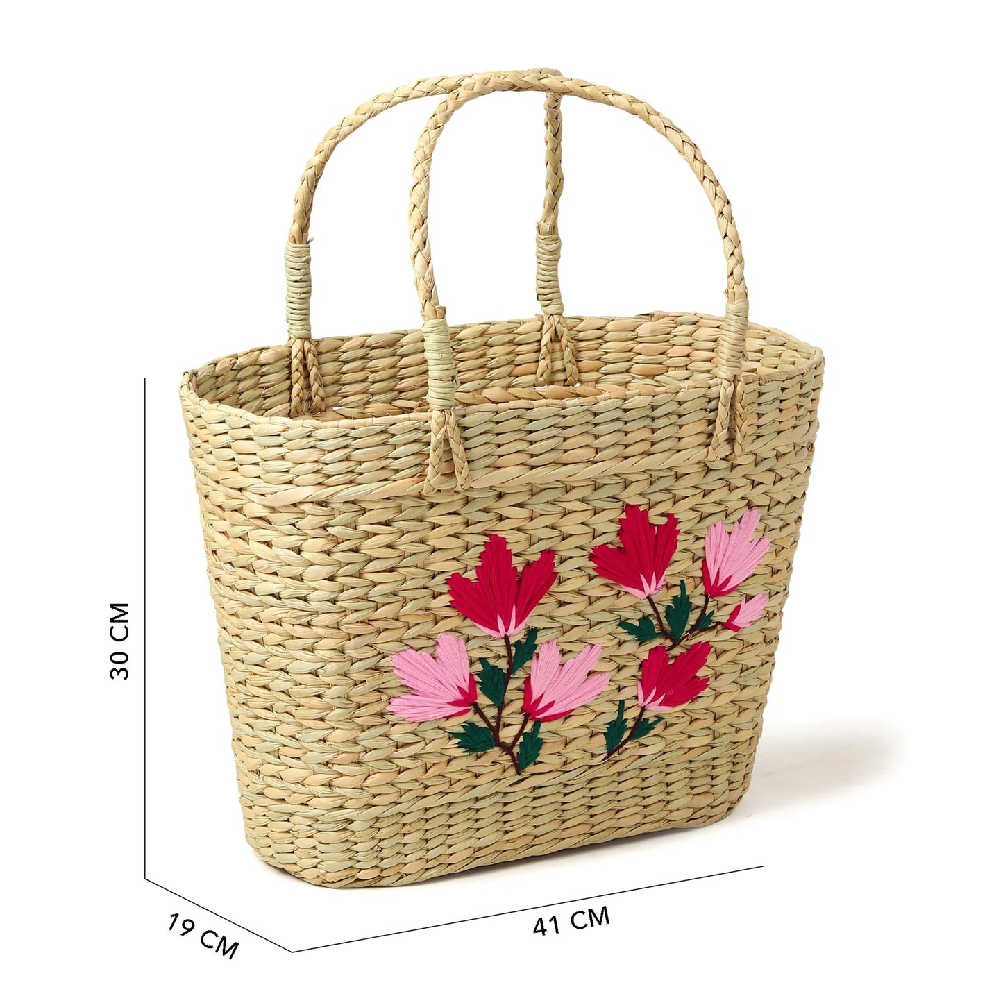 Embroidered Seagrass Shopping Bag Handmade for Storage & Daily Use