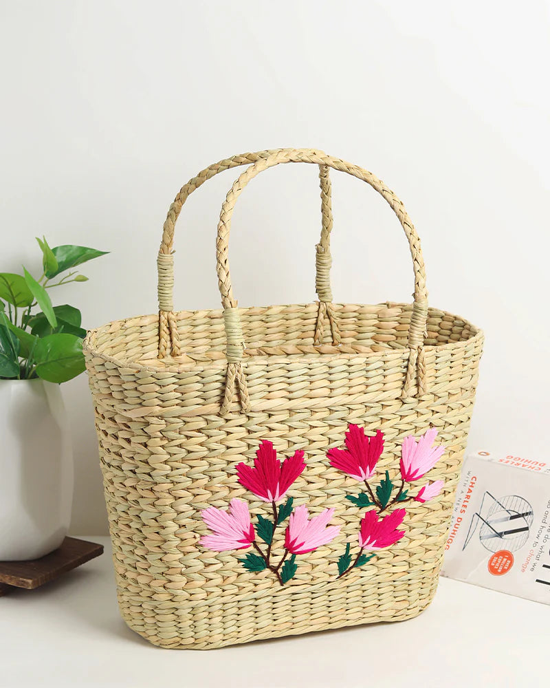 Embroidered Seagrass Shopping Bag Handmade for Storage & Daily Use