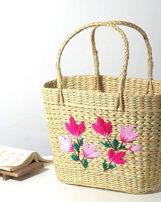 Embroidered Seagrass Shopping Bag Handmade for Storage & Daily Use