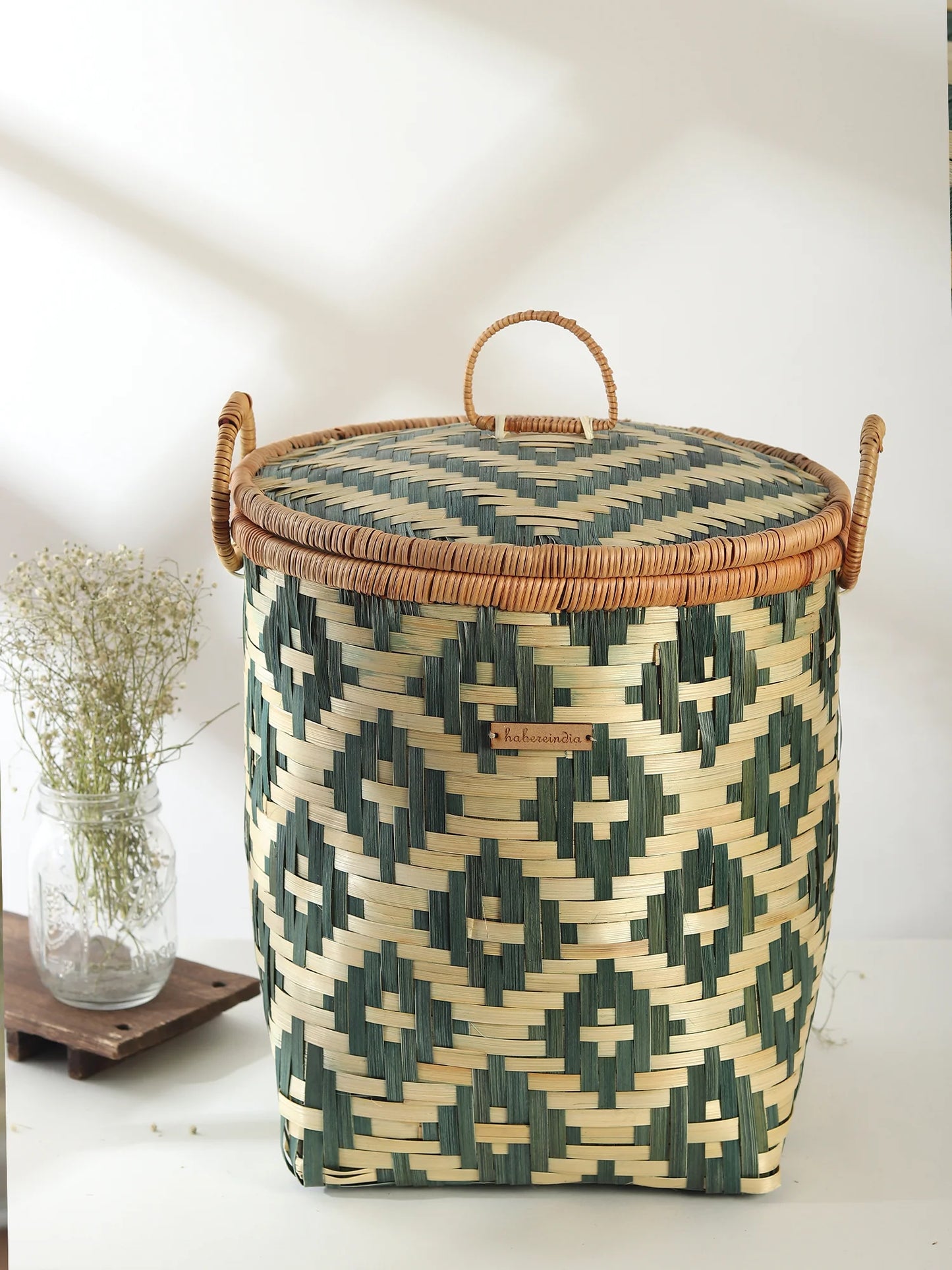 Natural Bamboo Storage Basket with Lid for Bathroom, Bedroom, and Laundry Use