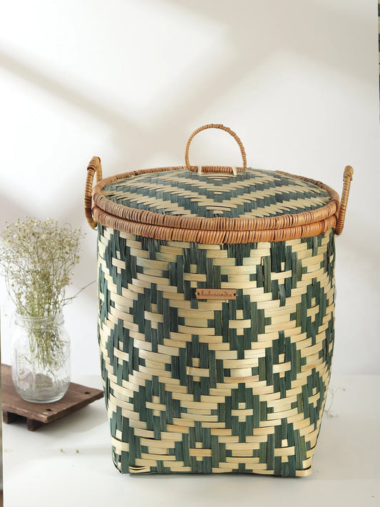 Natural Bamboo Storage Basket with Lid for Bathroom, Bedroom, and Laundry Use