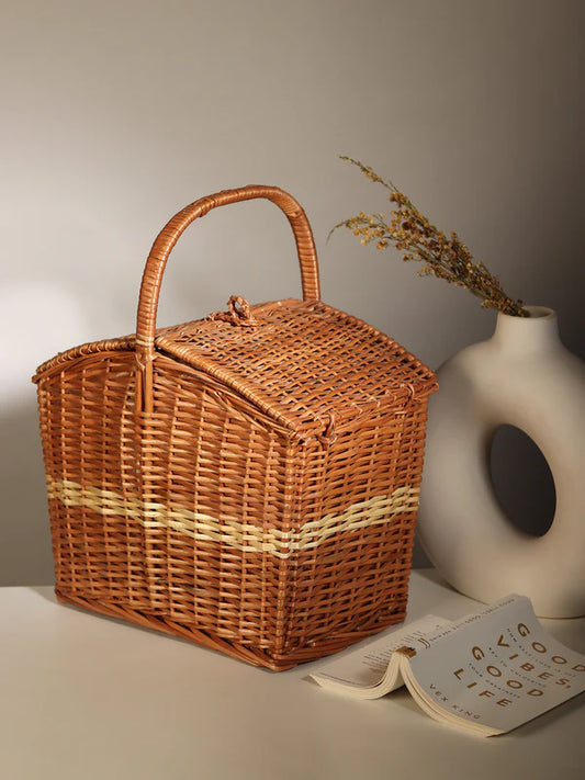 Rustic Wicker Picnic Basket Handmade for Beach, Picnic & Weekend Trips