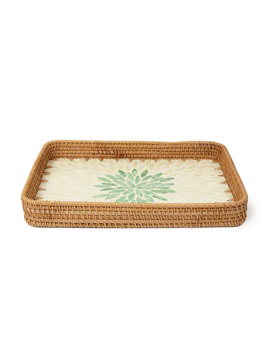 Decorative Green Rangoli Mosaic Cane Tray for Coffee Table and Kitchen Serving