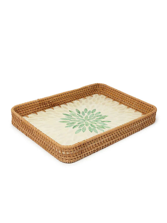 Decorative Green Rangoli Mosaic Cane Tray for Coffee Table and Kitchen Serving