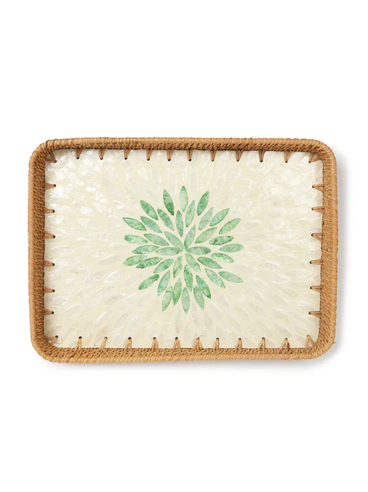 Decorative Green Rangoli Mosaic Cane Tray for Coffee Table and Kitchen Serving