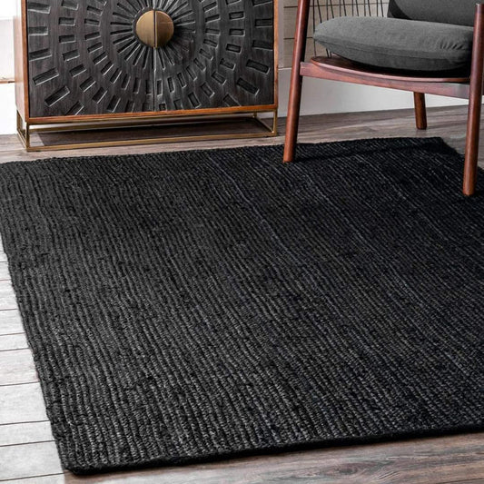 Textured Natural Black Rectangular Jute Floor Mat For Living Room