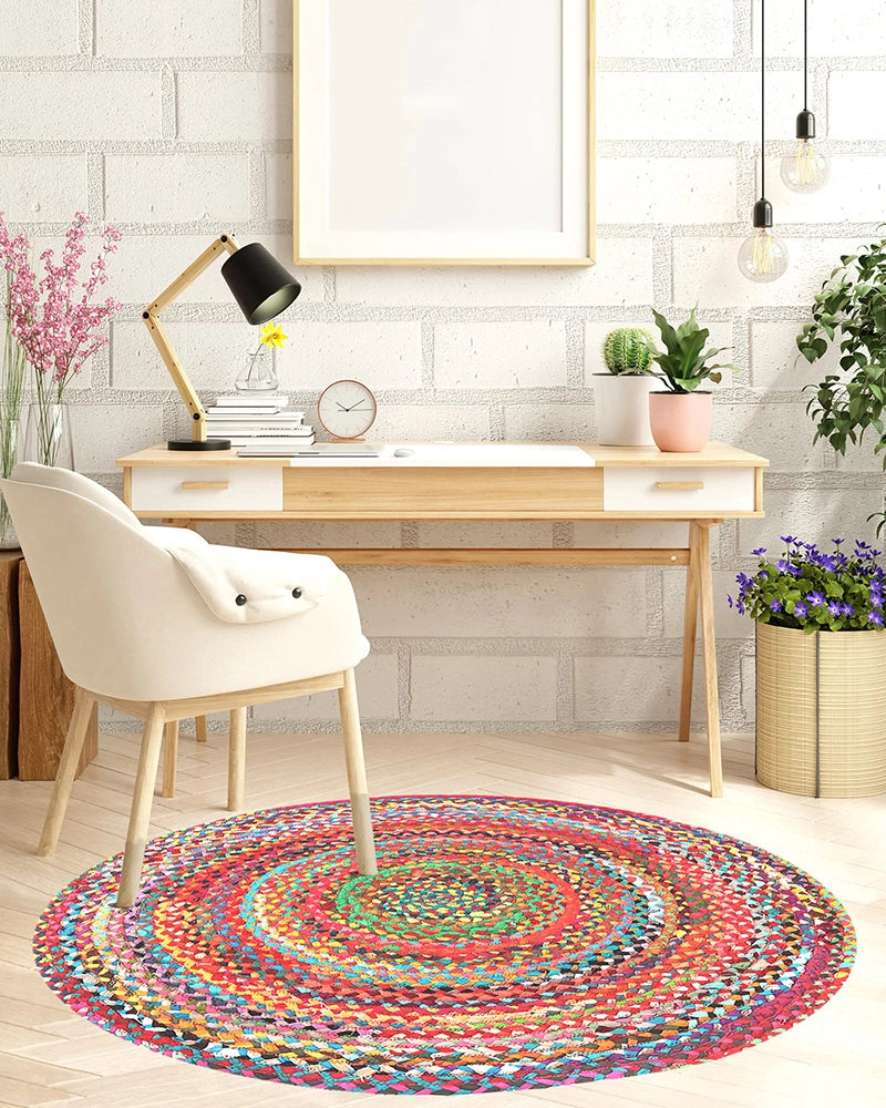 Handwoven Multicolor Round Jute Carpet For Dining Area