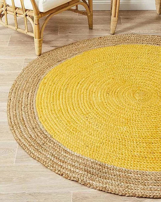 Handcrafted Natural Yellow Round Jute Carpet For Dining Space