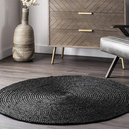 Handwoven Natural Black Round Jute Carpet For Living Room