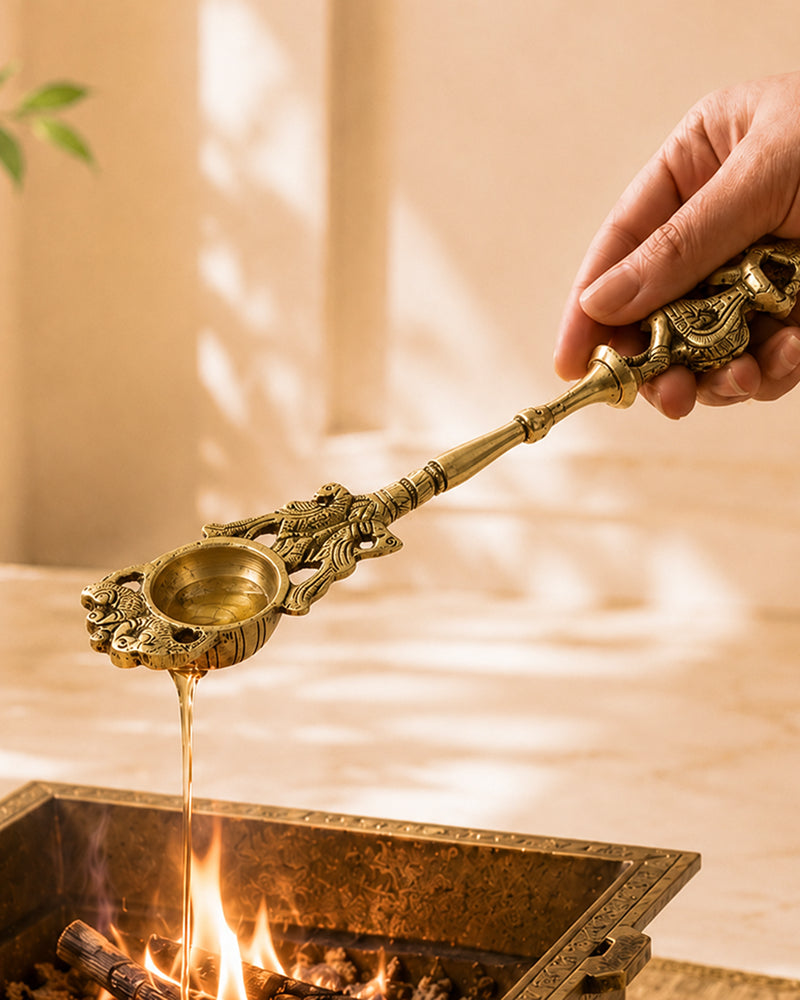 Brass Ritual Spoon with Lord Krishna Idol for Pooja Use