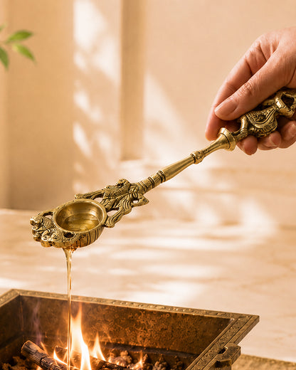 Brass Ritual Spoon with Lord Krishna Idol for Pooja Use