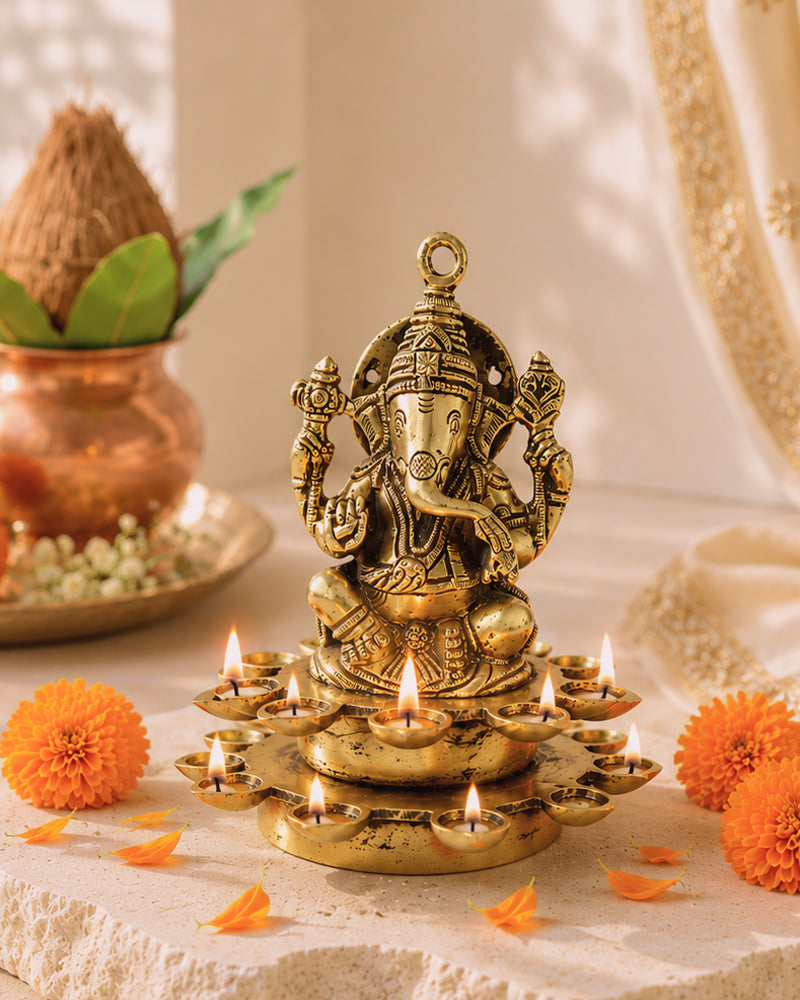 Brass Ganesh Sitting on Diya for Pooja and Home Decoration
