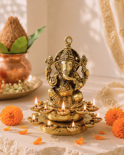 Brass Ganesh Sitting on Diya for Pooja and Home Decoration