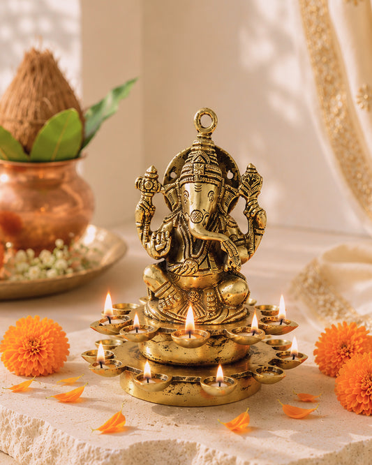 Brass Ganesh Sitting on Diya for Pooja and Home Decoration