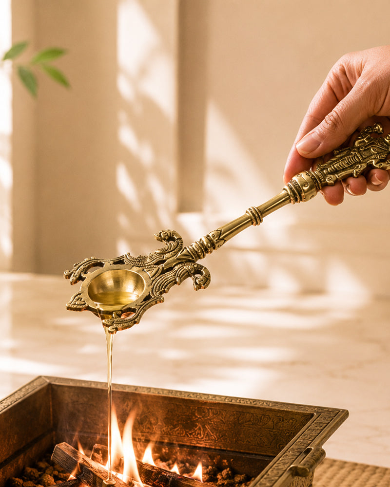 Brass Ritual Spoon with Vishnu Idol for Pooja and Temple Use