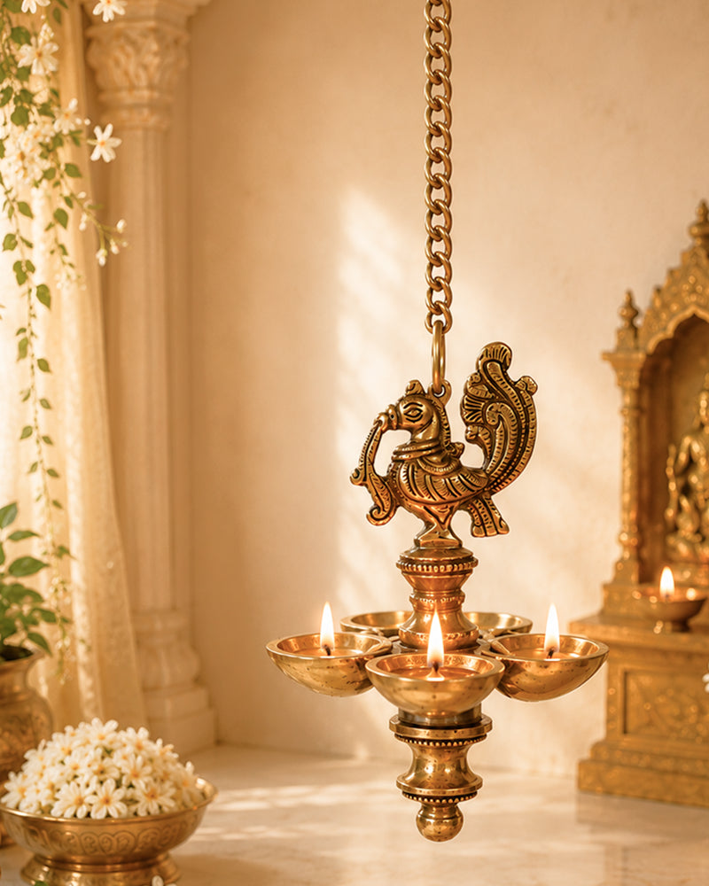 Brass Hanging Diya with Peacock Design for Pooja and Home Decoration