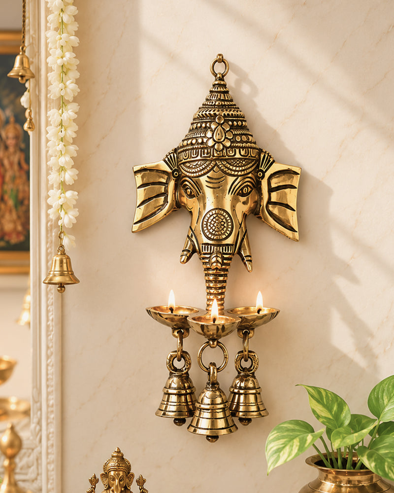 Ganesha Brass Wall Decor with Hanging Diyas and Bells for Mandir and Home