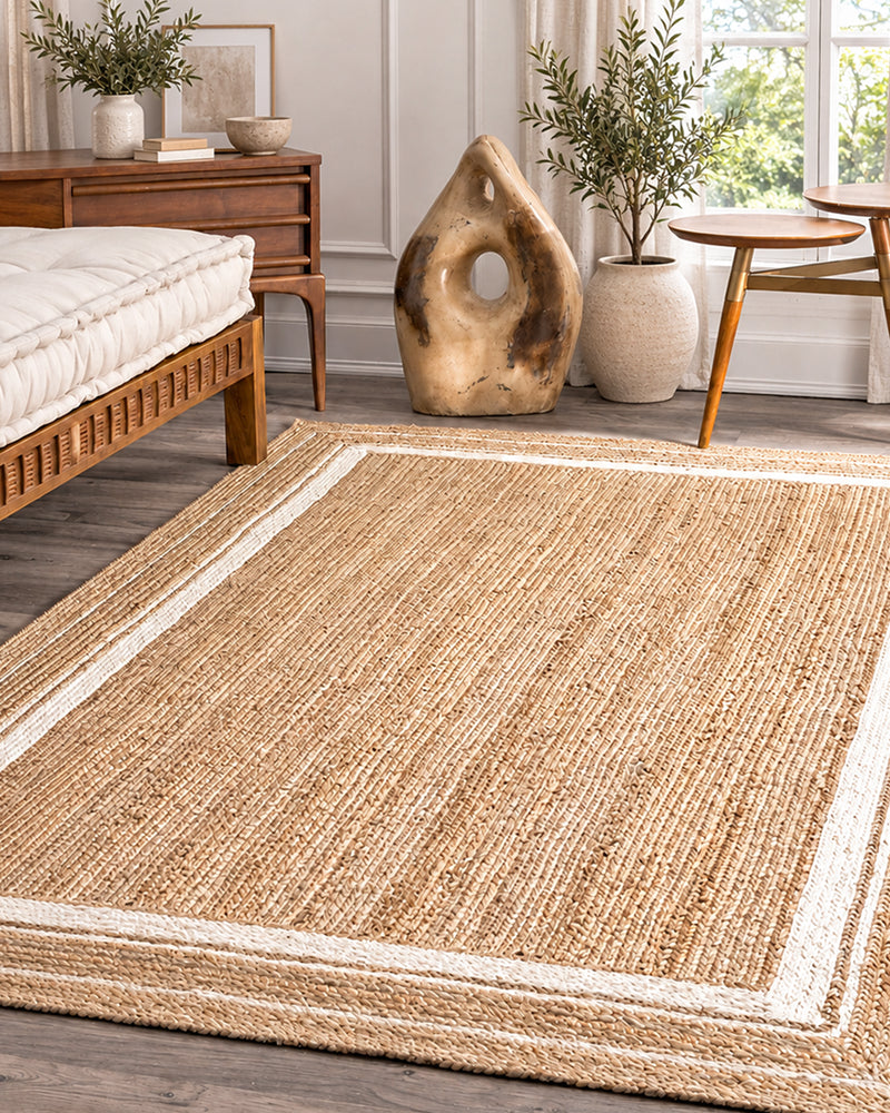 Textured Natural White Rectangular Jute Carpet For Living Room