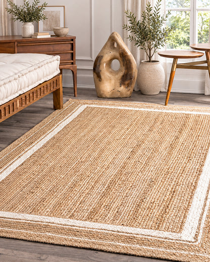 Textured Natural White Rectangular Jute Carpet For Living Room