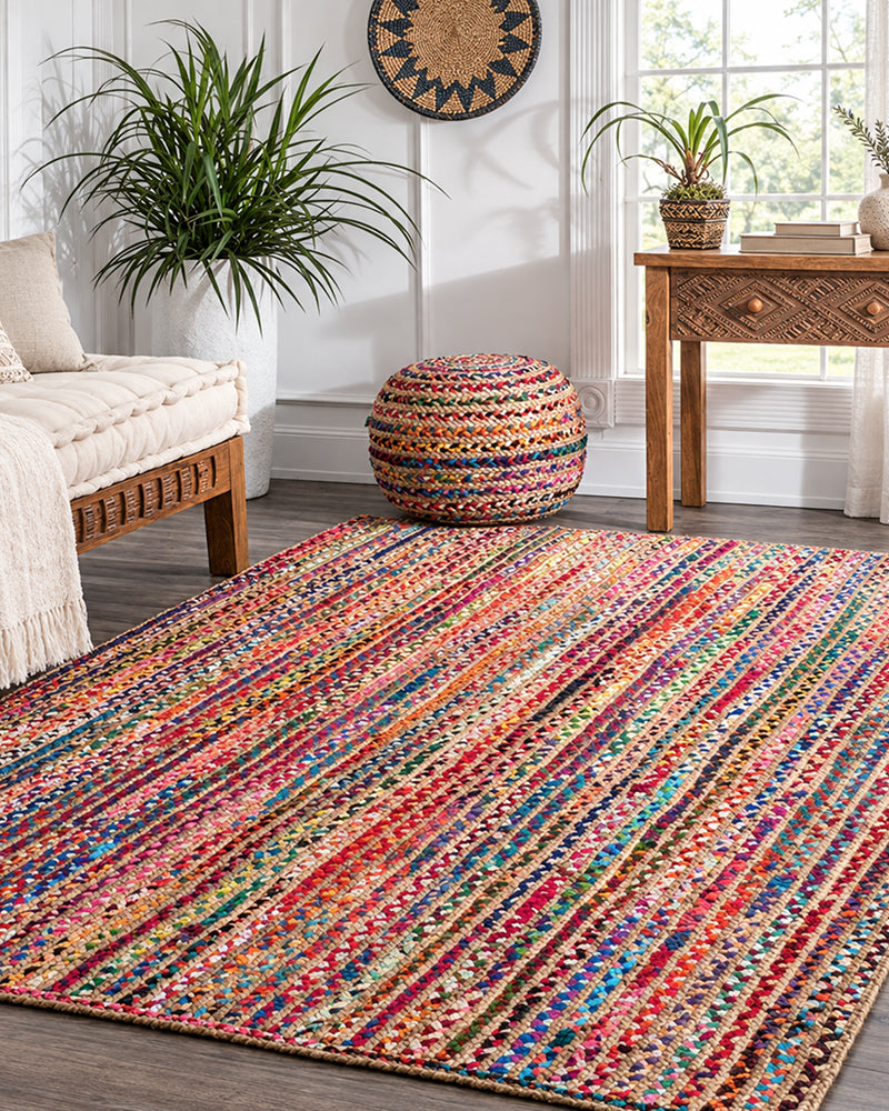 Rustic Multicolor Rectangular Jute Carpet For Bedroom