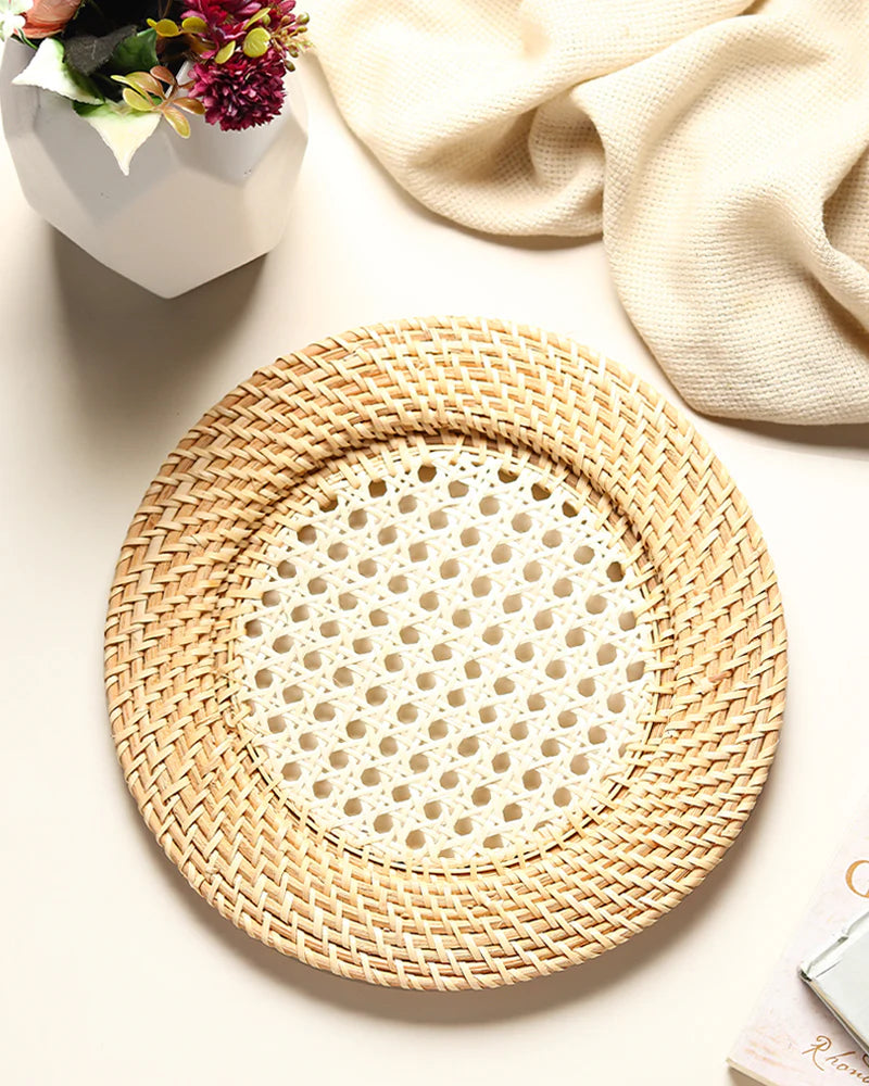 Round Decorative Cane Plate Mats for Meals, Home Decor, and Table Setting