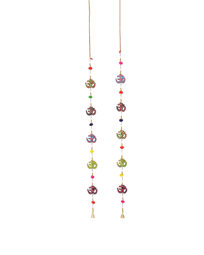 Om Symbol Wall Hanging with Pom Poms and Bells for Home Decoration