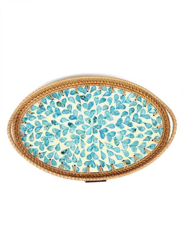 Natural Cane Oval Tray with Blue Tropical Design for Tabletop, Kitchen, and Home Decor