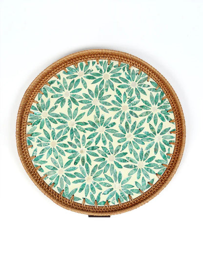 Decorative Round Cane Tray with Tropical Mosaic for Serving, Gifting, and Home Decor