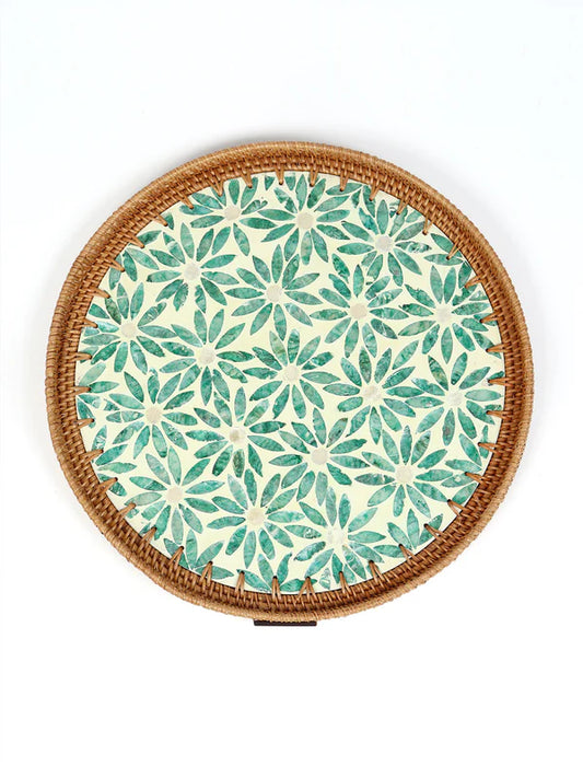 Decorative Round Cane Tray with Tropical Mosaic for Serving, Gifting, and Home Decor