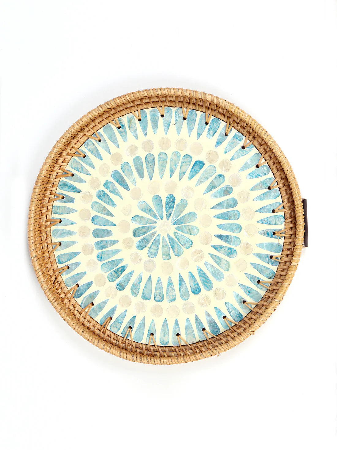 Rustic Handmade Round Cane Tray with Blue Circle Mosaic for Stylish Serving and Display