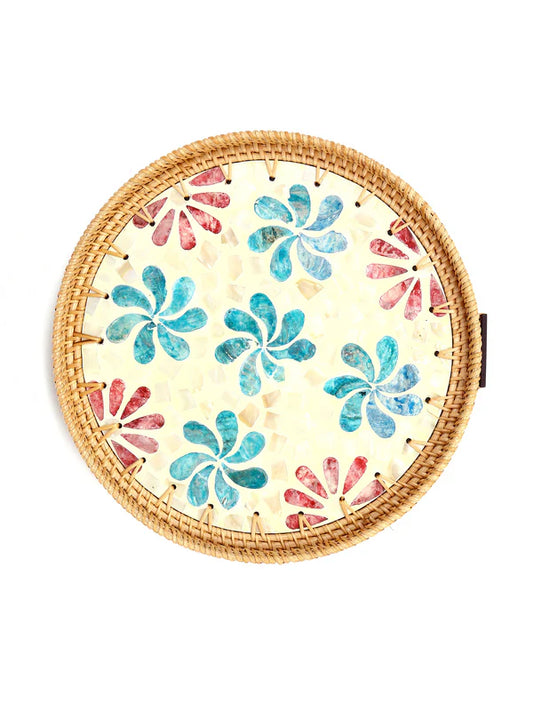 Plateau rond en rotin - Flower Mosaic