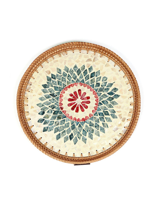 Rustic Handmade Round Cane Tray with Rangoli Mosaic for Stylish Serving and Display