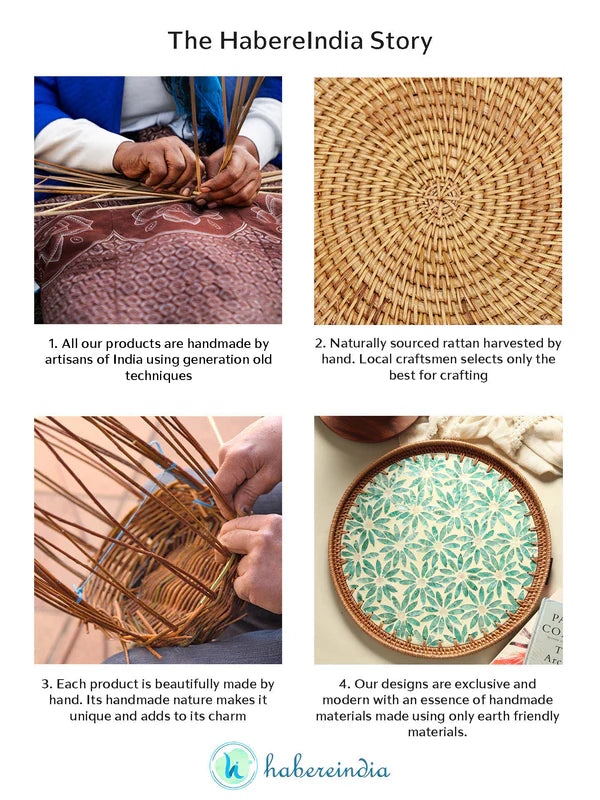 Decorative Round Cane Tray with Tropical Mosaic for Serving, Gifting, and Home Decor