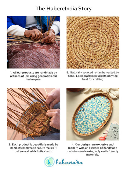 Natural Cane Oval Tray with Blue Tropical Design for Tabletop, Kitchen, and Home Decor