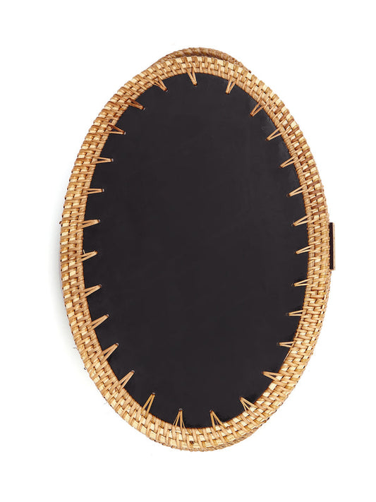 Natural Cane Oval Tray with Blue Tropical Design for Tabletop, Kitchen, and Home Decor