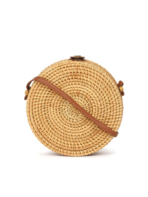 Handwoven Round Rattan Sling Bag for Beach Trips, Travel, and Casual Wear