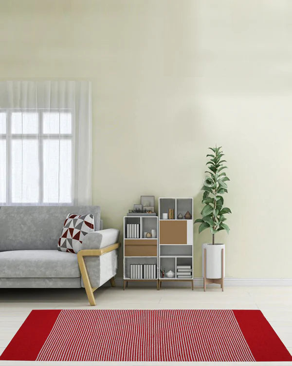 Natural Red Handloom Cotton Bedside Runner For Bedroom And Living Area