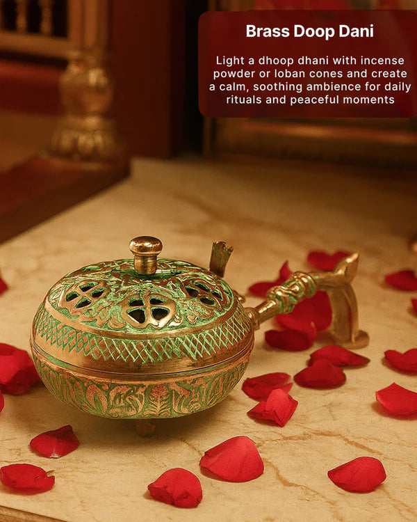 Decorative Brass Dhoopdani for Aarti, Meditation, and Home Temple Aromatic Rituals