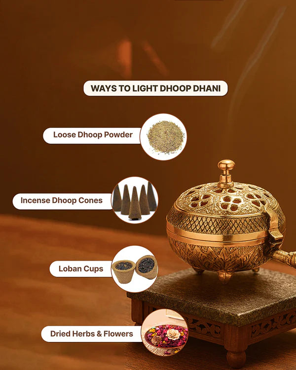 Decorative Brass Dhoopdani for Aarti, Meditation, and Home Temple Aromatic Rituals
