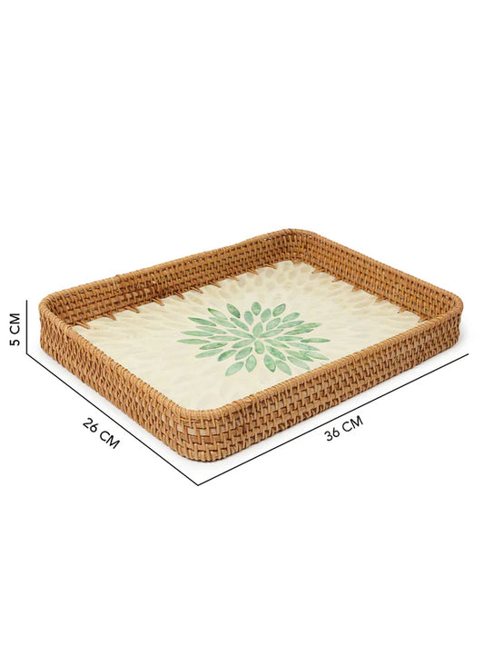 Decorative Green Rangoli Mosaic Cane Tray for Coffee Table and Kitchen Serving