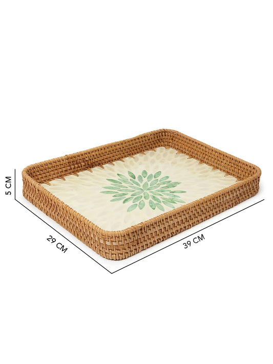 Decorative Green Rangoli Mosaic Cane Tray for Coffee Table and Kitchen Serving