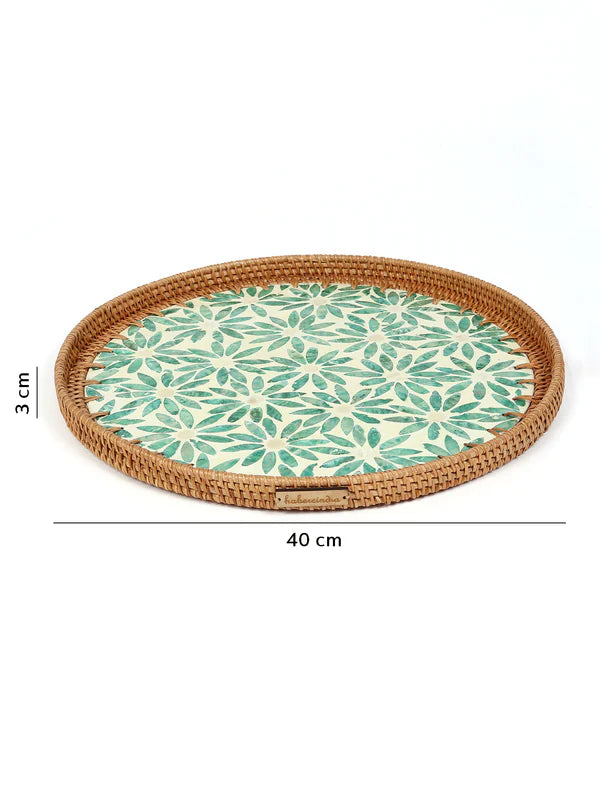 Decorative Round Cane Tray with Tropical Mosaic for Serving, Gifting, and Home Decor