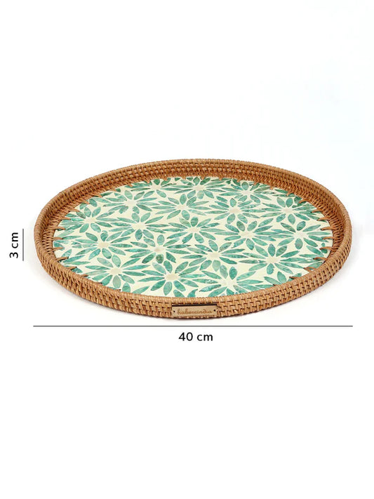 Decorative Round Cane Tray with Tropical Mosaic for Serving, Gifting, and Home Decor