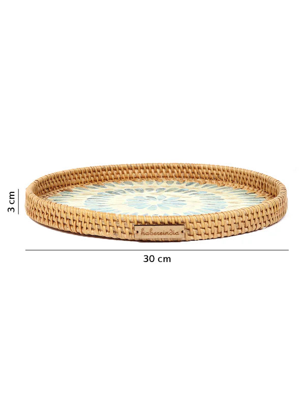 Rustic Handmade Round Cane Tray with Blue Circle Mosaic for Stylish Serving and Display