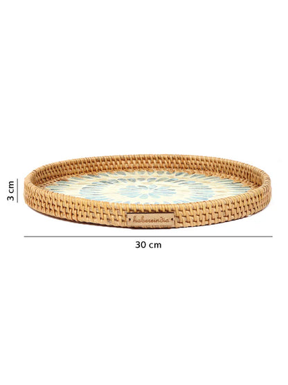 Rustic Handmade Round Cane Tray with Blue Circle Mosaic for Stylish Serving and Display