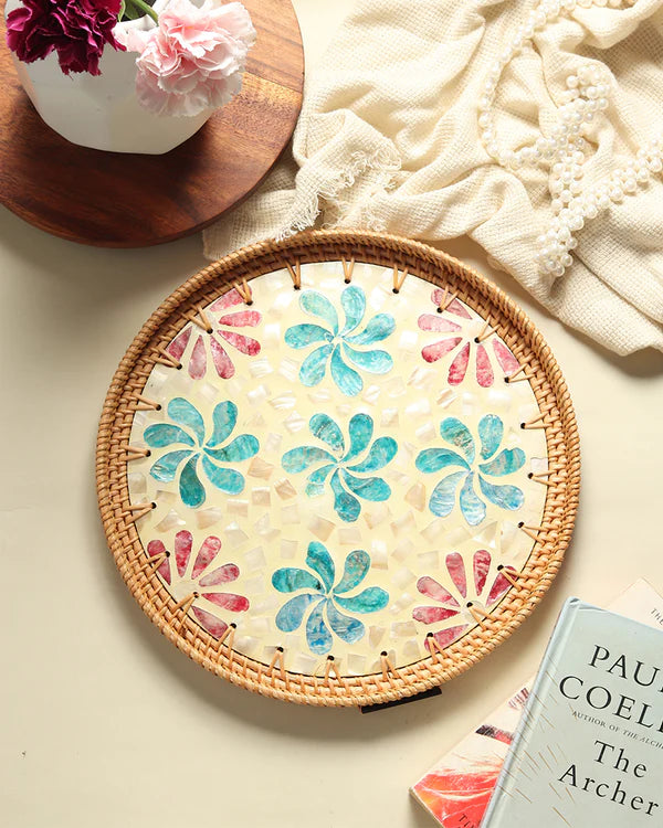 Plateau rond en rotin - Flower Mosaic