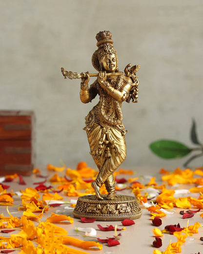 Pure Brass Krishna with Flute Idol for Home Temple and Pooja Room