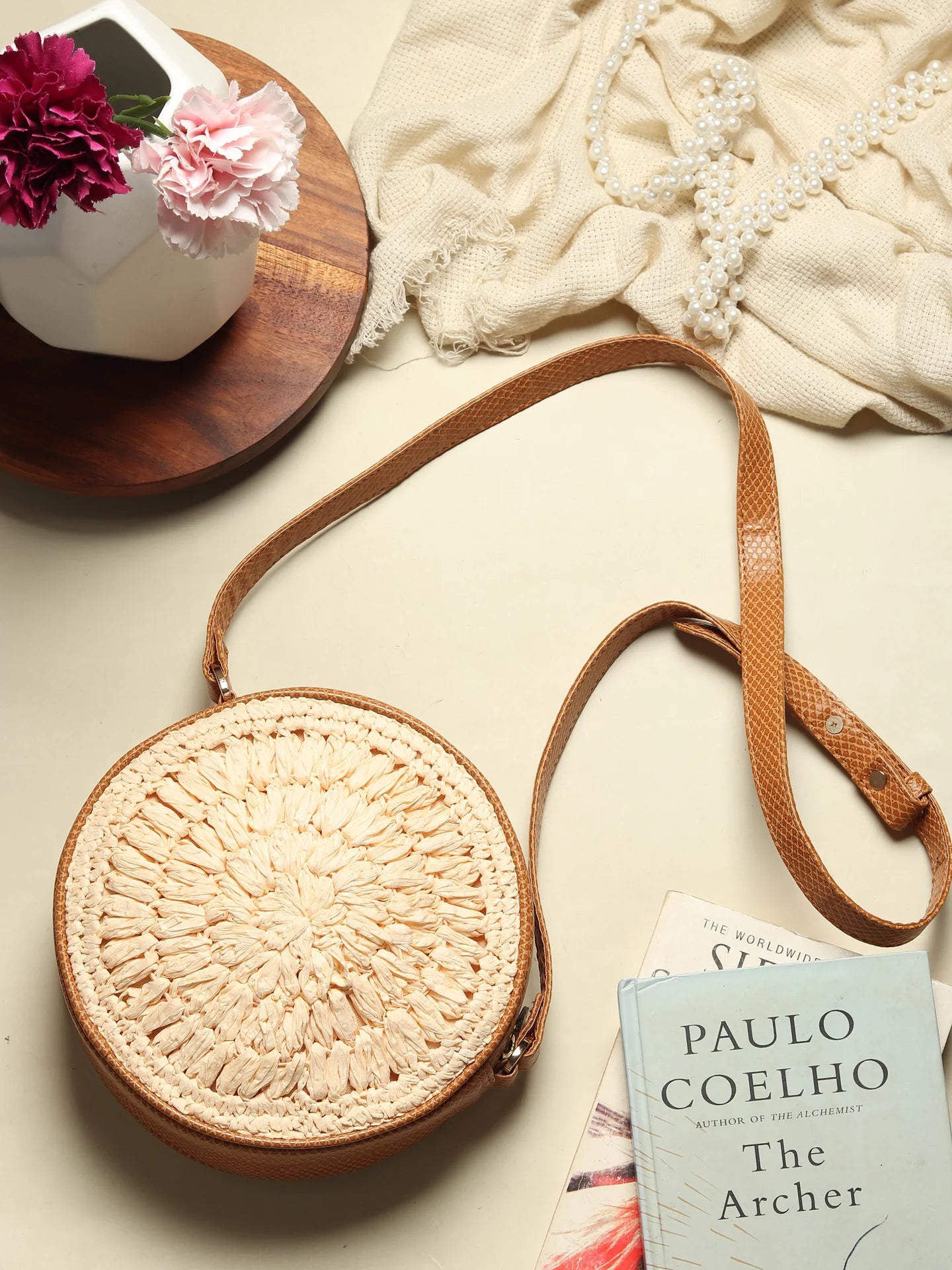 Handwoven Round Raffia Crossbody Sling Bag for Casual and Travel Use